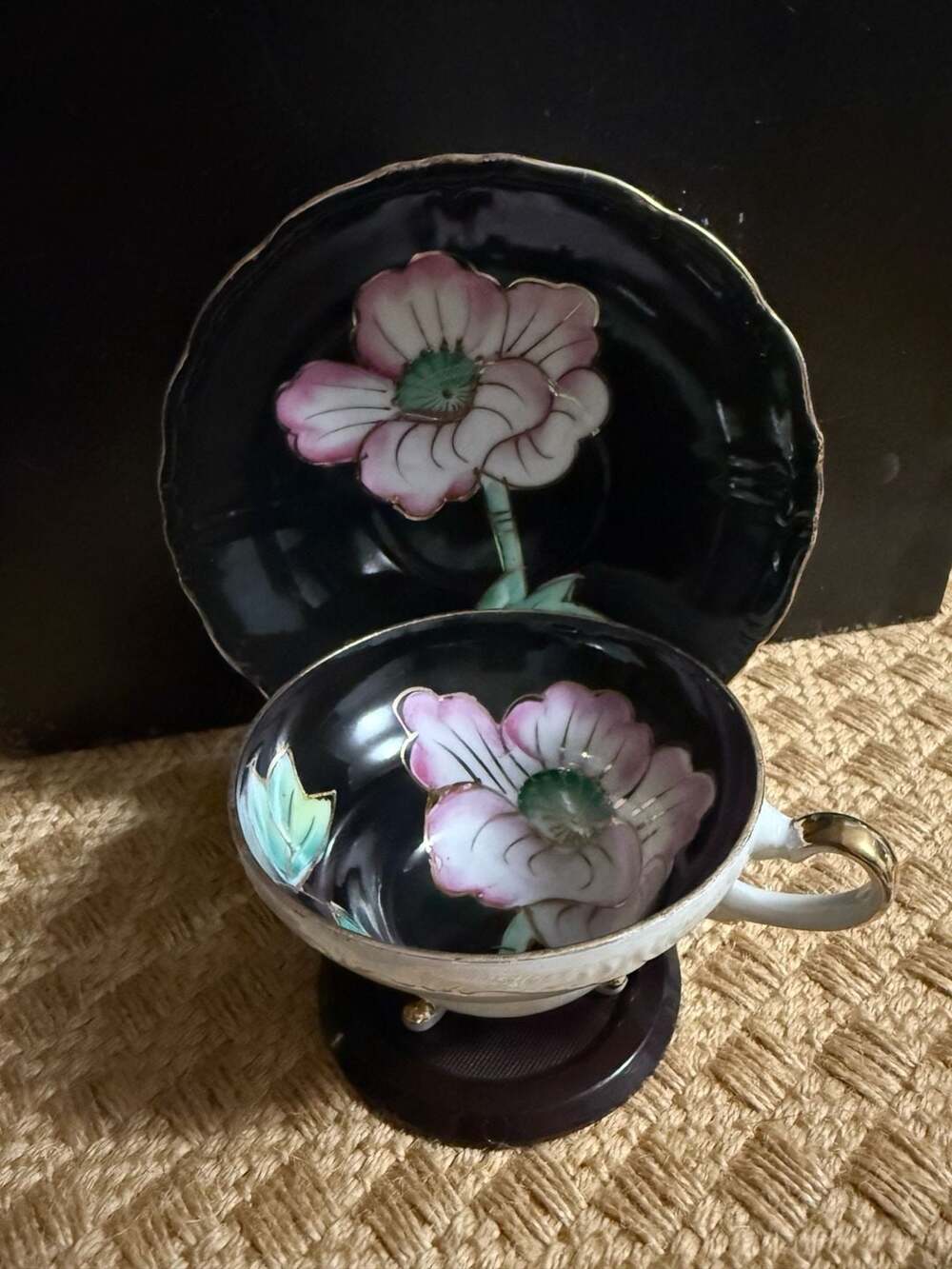 VTG Del Coronado Nasco 3-Footed Lusterware Tea Cup and Saucer w/Pink Flower Moti